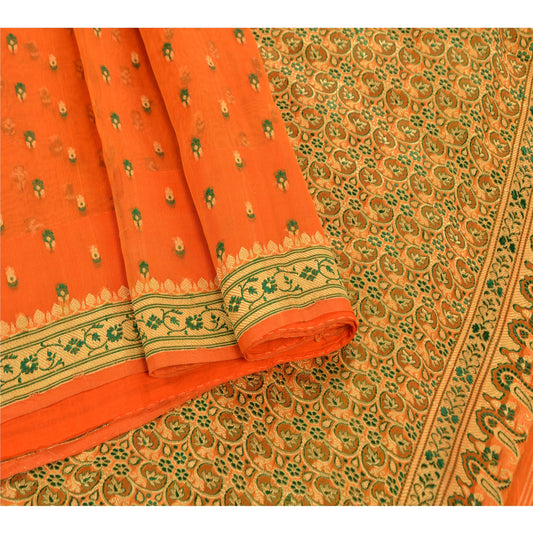 Sanskriti Vintage Indian Saree 100% Pure Organza Silk Woven Craft Sustainable Fabric Sari