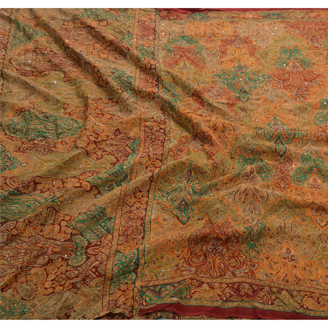 Antique Vintage Indian Saree  Pure Crepe Silk Hand Beaded Fabric Premium Sari