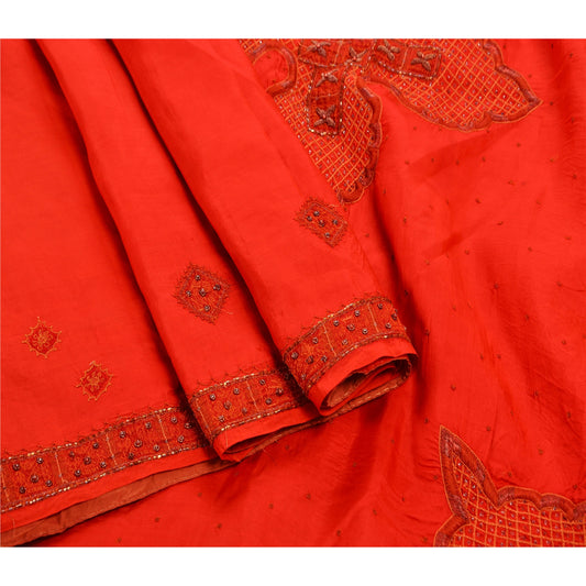 Sanskriti Vintage Indian Red Saree 100% Pure Silk Hand Beaded Sustainable Fabric Premium Sari