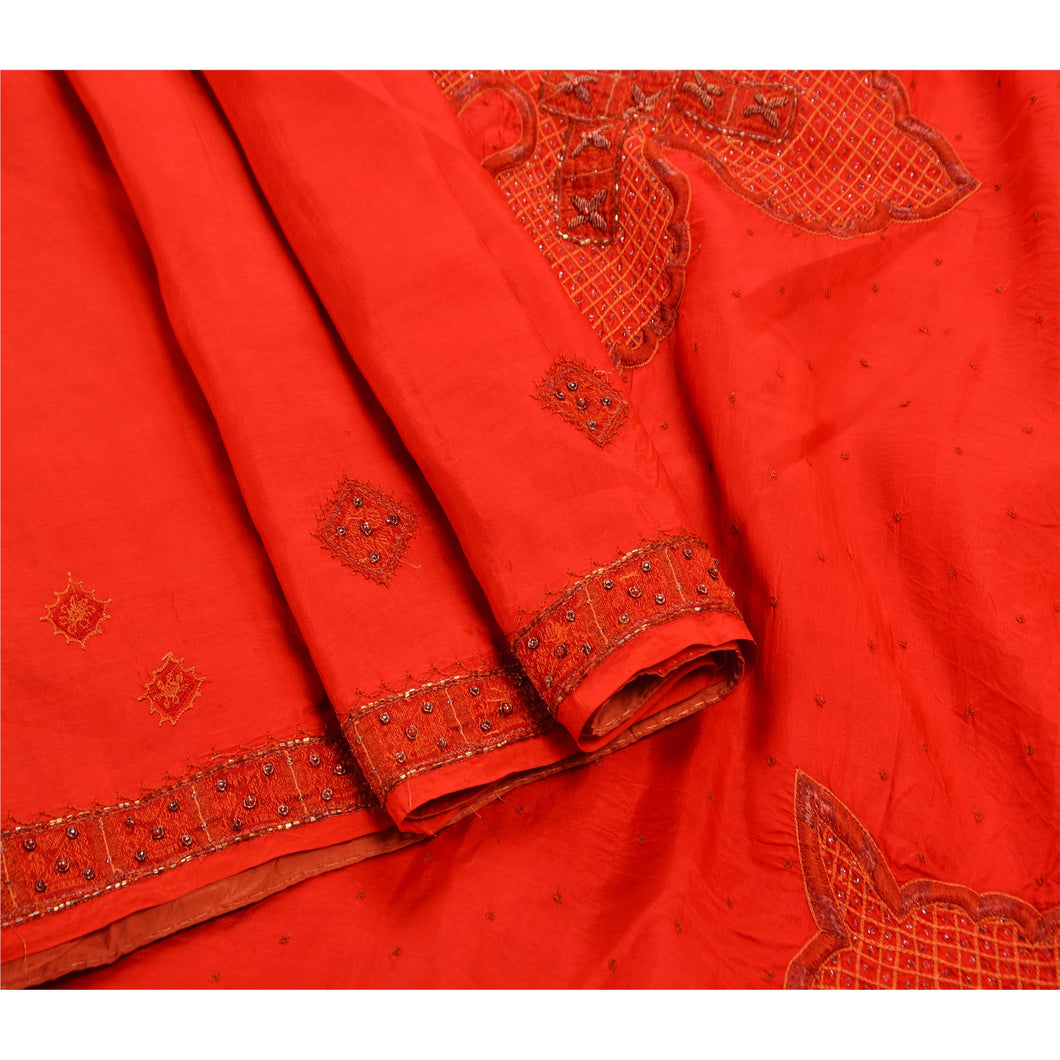 Sanskriti Vintage Indian Red Saree 100% Pure Silk Hand Beaded Fabric Premium Sari