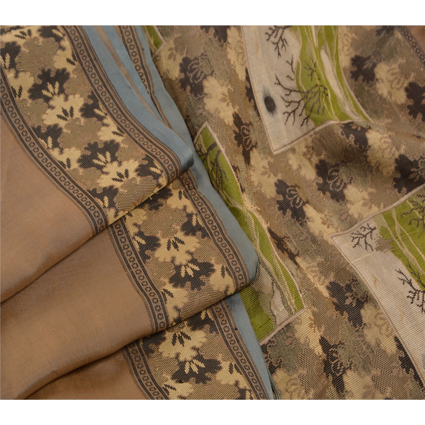 Sanskriti Vintage Indian Saree 100% Pure Silk Brown Woven Craft Sustainable Fabric Sari