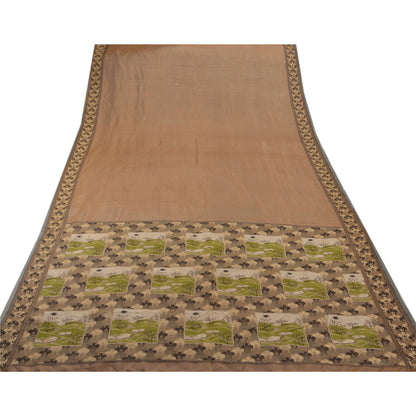 Sanskriti Vintage Indian Saree 100% Pure Silk Brown Woven Craft Sustainable Fabric Sari