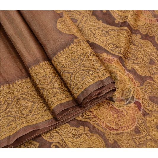 Sanskriti Vintage Indian Saree 100% Pure Silk Brown Woven Craft Sustainable Fabric Sari