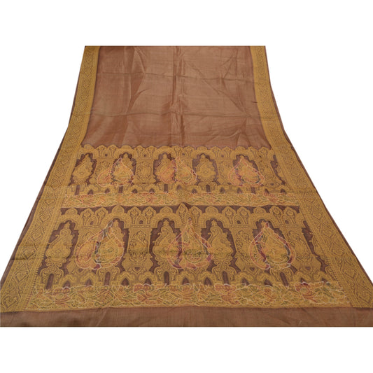 Sanskriti Vintage Indian Saree 100% Pure Silk Brown Woven Craft Sustainable Fabric Sari