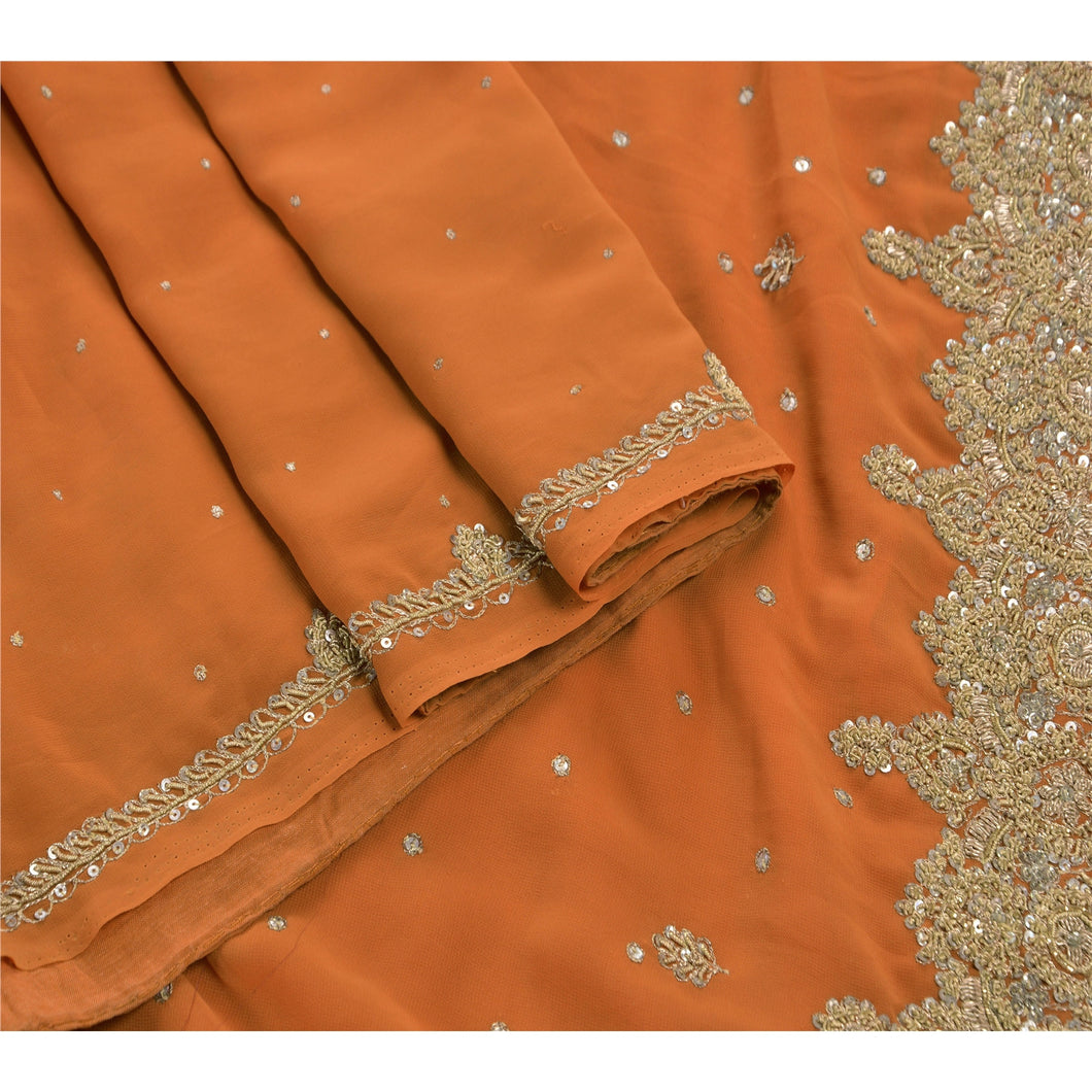 Sanskriti Vintage Orange Saree Georgette Hand Beaded Craft Fabric Ethnic Premium Sari