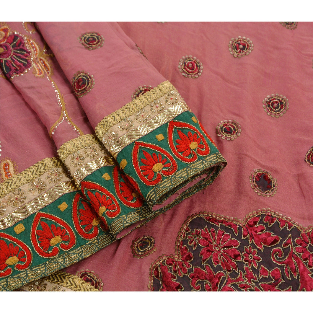 Antique Vintage Indian Saree Blend Georgette Hand Embroidery Fabric Premium Sari