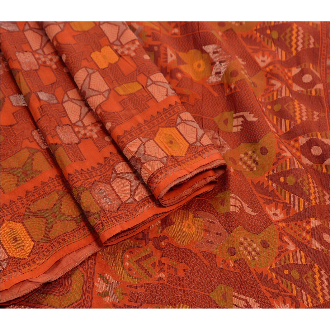 Sanskriti Antique Vintage Orange Saree 100% Pure Silk Woven Craft Fabric Premium Sari