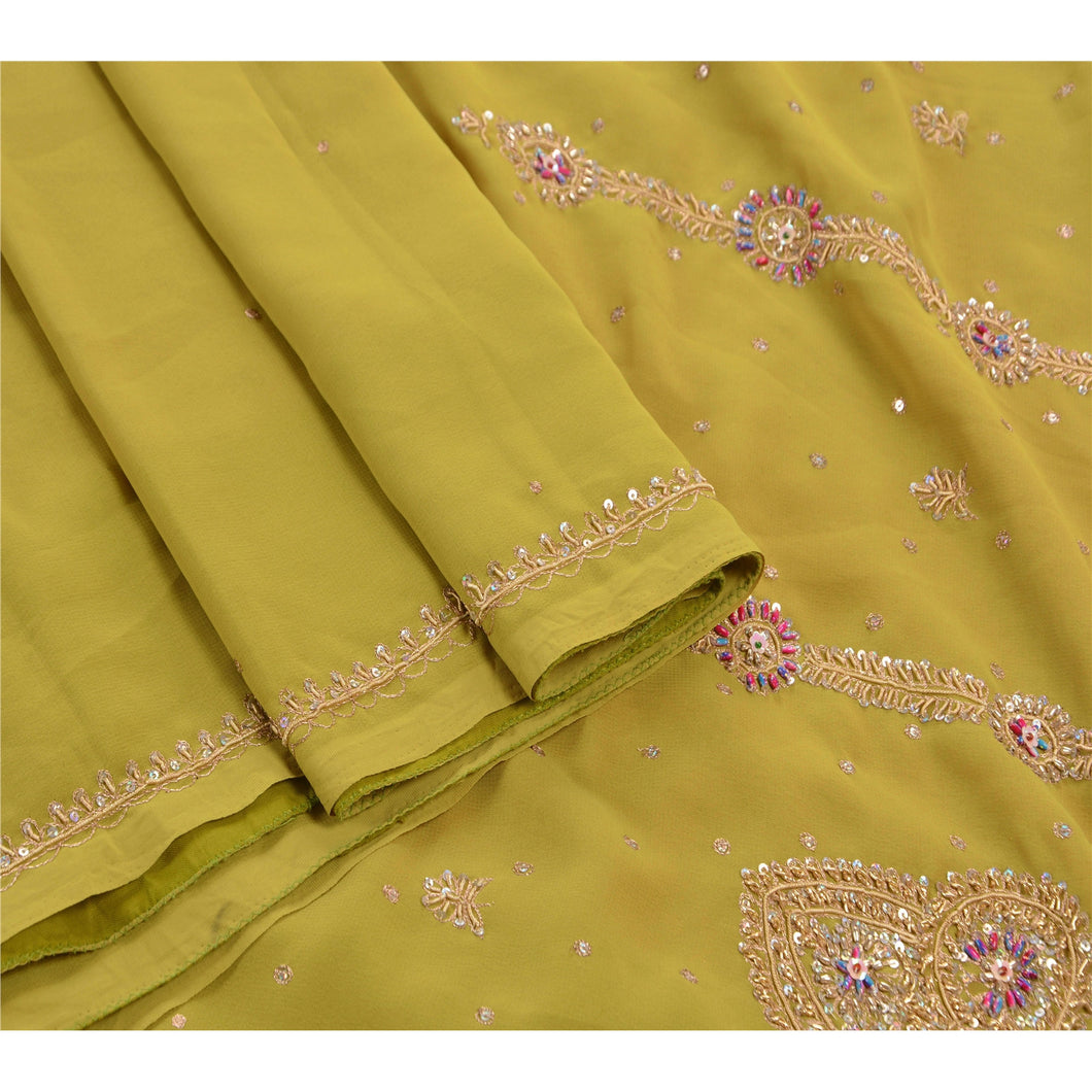 Sanskriti Vintage Indian Green Saree Georgette Hand Beaded Craft Fabric Premium Sari