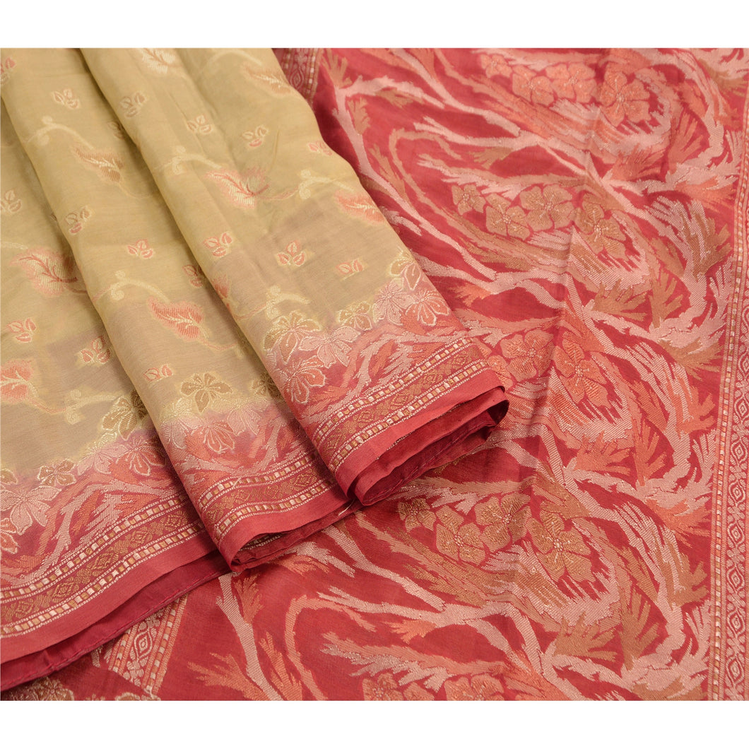 Sanskriti Vintage Indian Saree Blend Silk Cream Woven Craft Fabric Premium Sari
