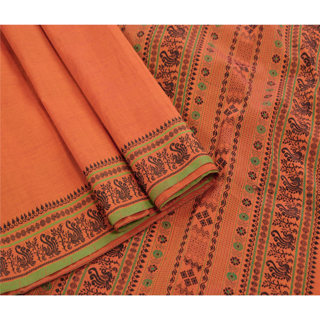 Vintage Indian Cultural Saree Cotton Orange Woven Craft Fabric Premium Sari
