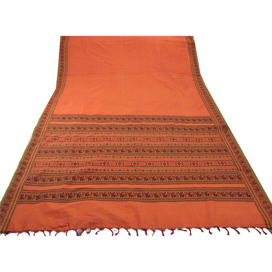 Sanskriti Vintage Indian Cultural Saree Cotton Orange Woven Craft Sustainable Fabric Premium Sari