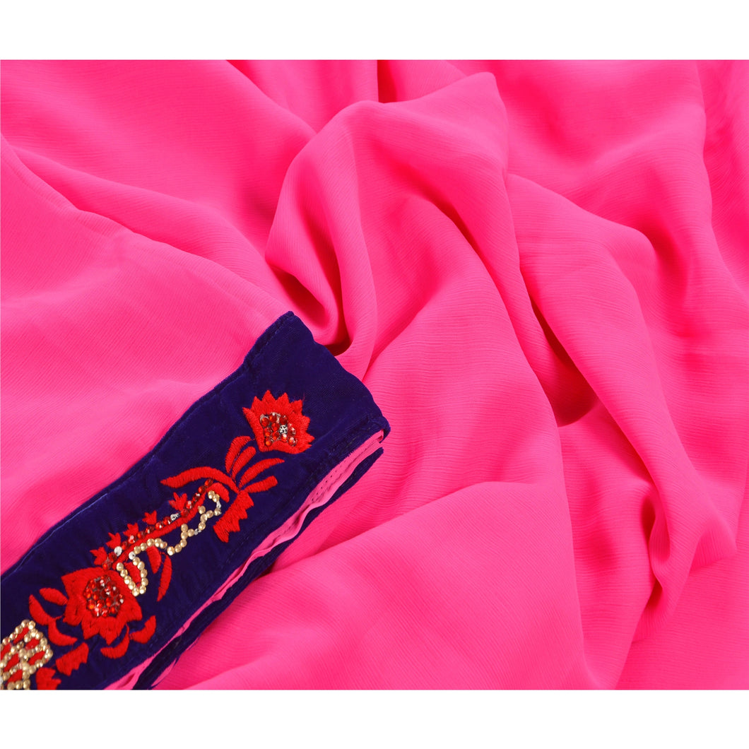 Sanskriti Vintage Saree Georgette Pink Hand Embroidery Craft Fabric Premium Sari