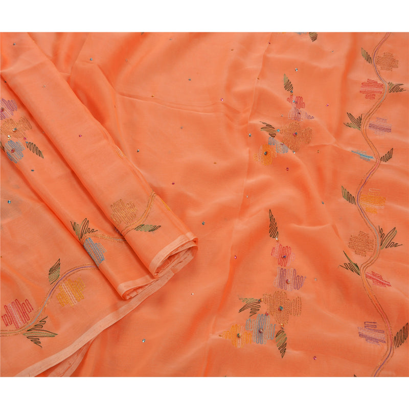 Sanskriti Vintage Indisk Sari Kunstsilke Håndperlet Fersken Håndværk Bæredygtigt Stoff Sari