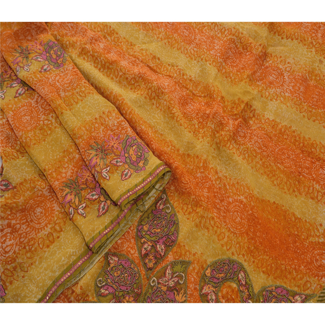 Sanskriti Vintage Indian Orange Saree 100% Pure Georgette Silk Hand Beaded Fabric Premium Sari