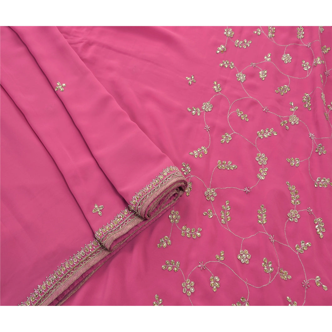 Sanskriti Vintage Indian Saree Georgette Hand Beaded Purple Fabric Cultural Kundan Premium Sari