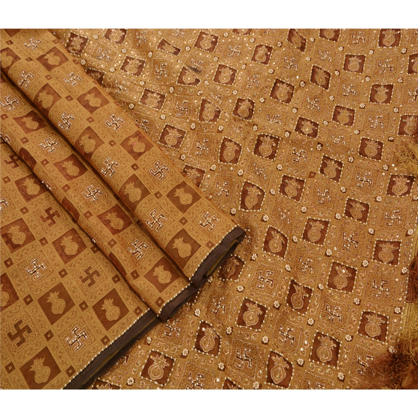 Sanskriti Vintage Saree 100% Pure Organza Silk Brown Saree Hand Embroidery Zari Sequins 5+YARD Craft Fabric Boho,Quilting Decor Material