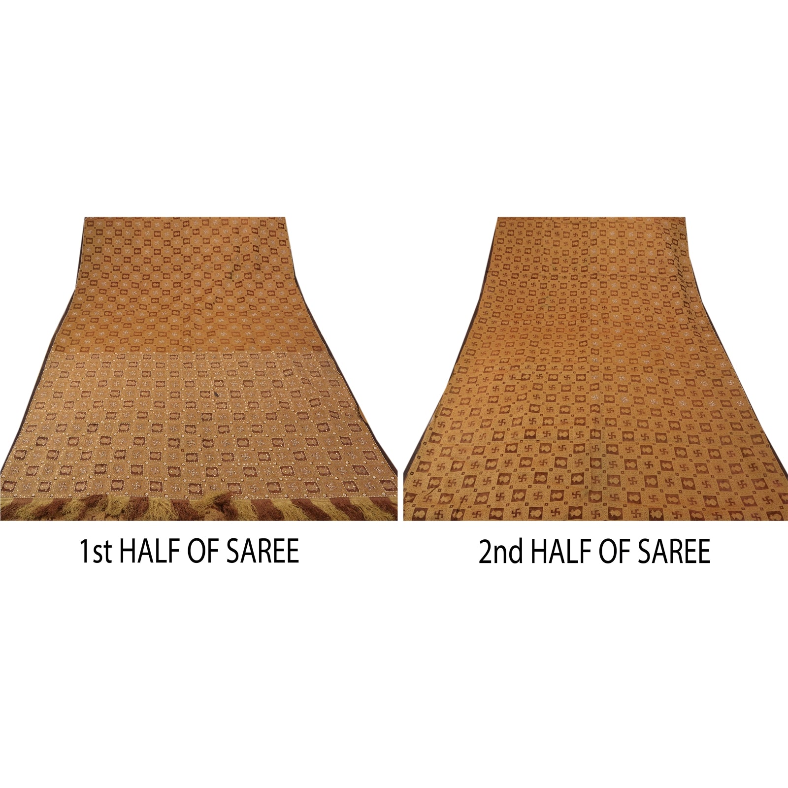 Sanskriti Vintage Saree 100% Pure Organza Silk Brown Saree Hand Embroidery Zari Sequins 5+YARD Craft Fabric Boho,Quilting Decor Material