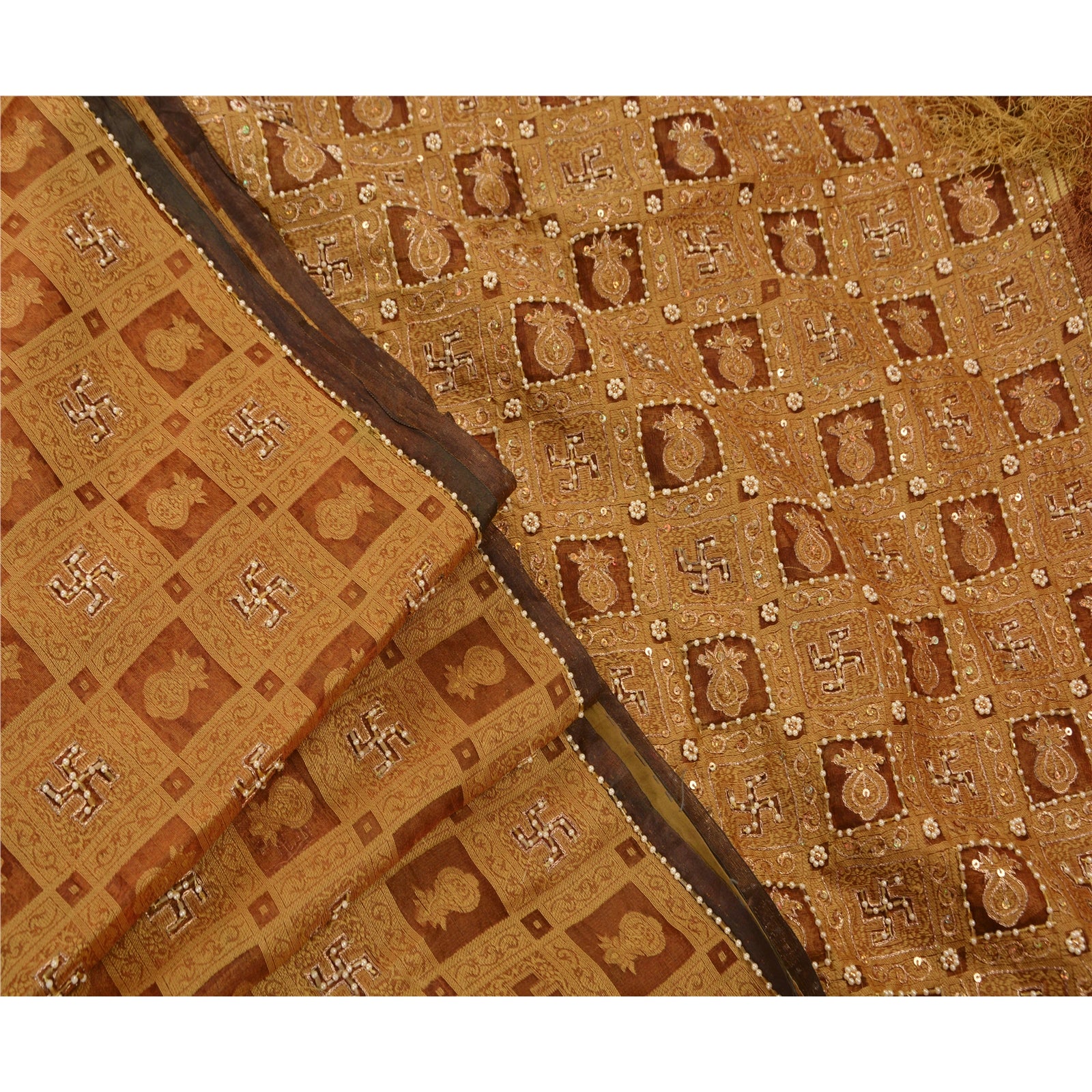 Sanskriti Vintage Saree 100% Pure Organza Silk Brown Saree Hand Embroidery Zari Sequins 5+YARD Craft Fabric Boho,Quilting Decor Material