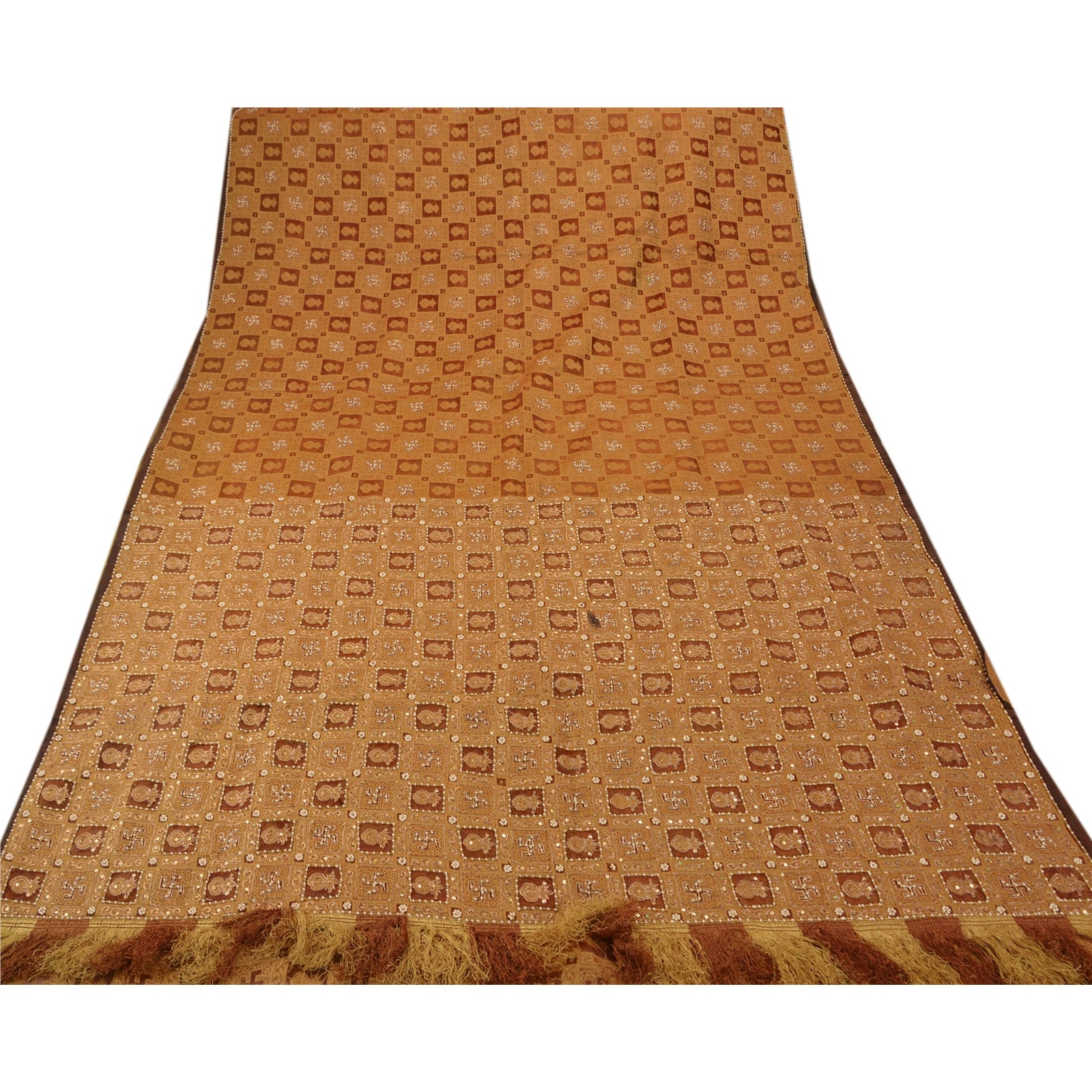 Sanskriti Vintage Saree 100% Pure Organza Silk Brown Saree Hand Embroidery Zari Sequins 5+YARD Craft Fabric Boho,Quilting Decor Material