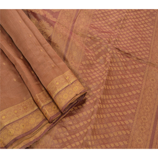 Sanskriti Vintage Indian Saree 100% Pure Silk Brown Woven Craft Sustainable Fabric Sari