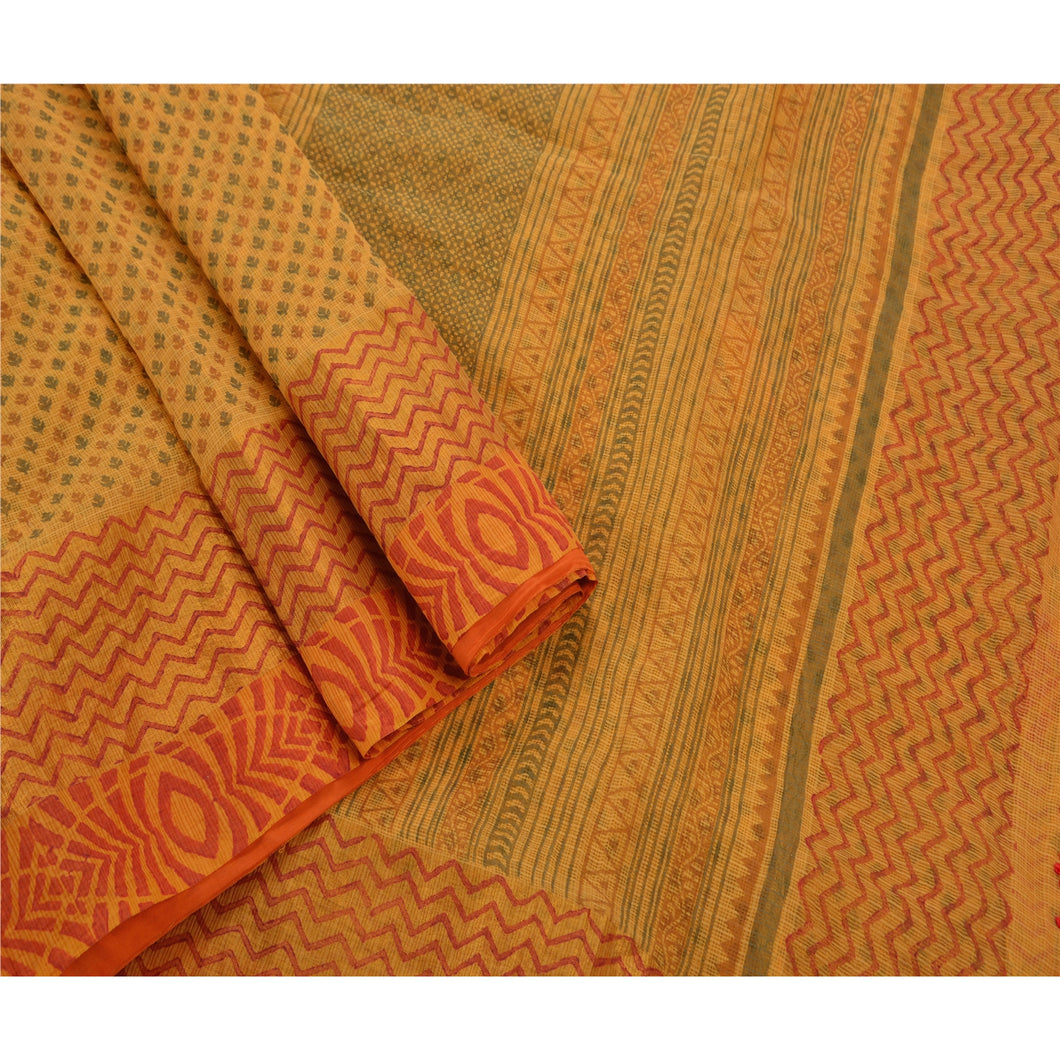 Sanskriti Vintage Indian Saree Yellow Cotton Embroidered Fabric Block Printed Kota Premium Sari