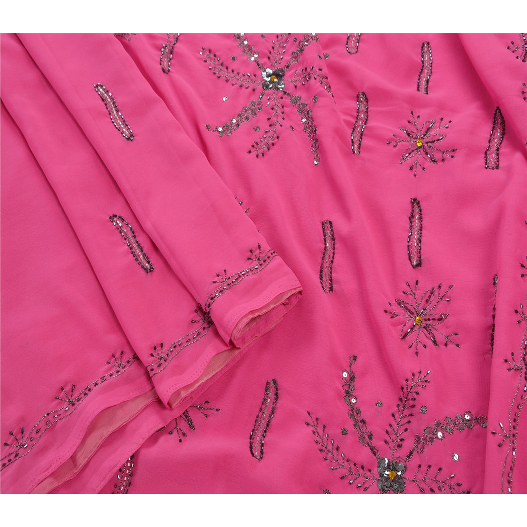 Sanskriti Vintage Indian Pink Saree Georgette Hand Beaded Craft Fabric Premium Sari