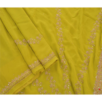 Sanskriti Vintage Indian Green Saree Georgette Hand Embroidery Craft Sustainable Fabric Premium Sari