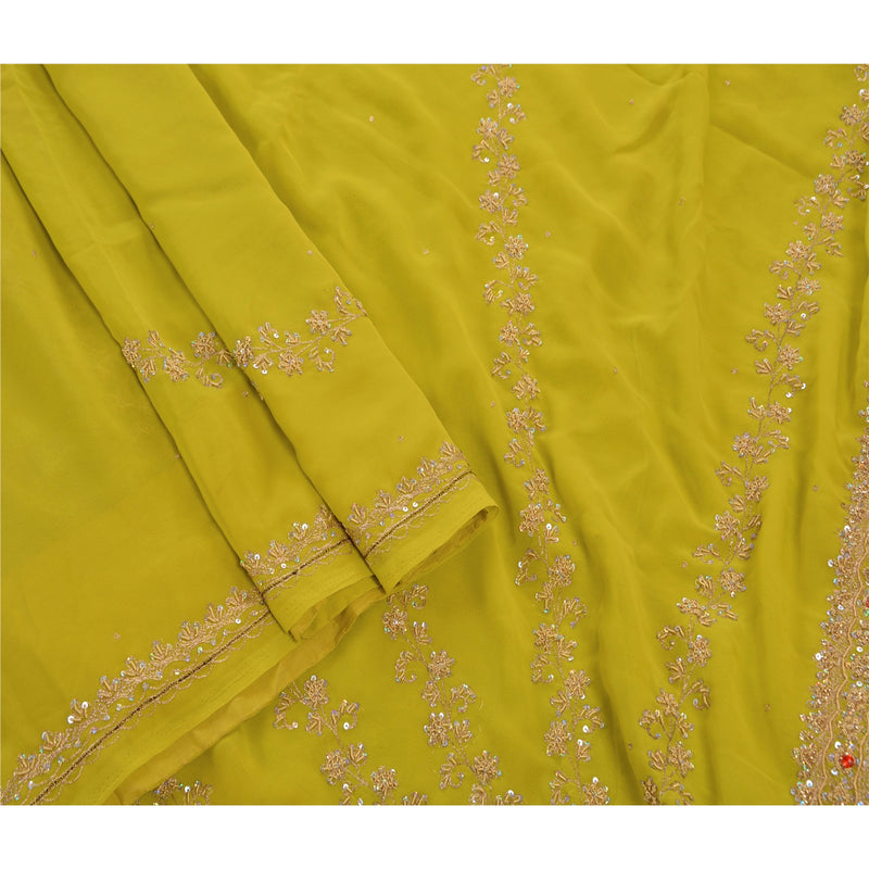 Sanskriti Vintage Indian Green Saree Georgette Hand Embroidery Craft Sustainable Fabric Premium Sari