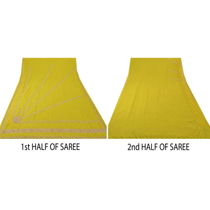 Sanskriti Vintage Indian Green Saree Georgette Hand Embroidery Craft Sustainable Fabric Premium Sari