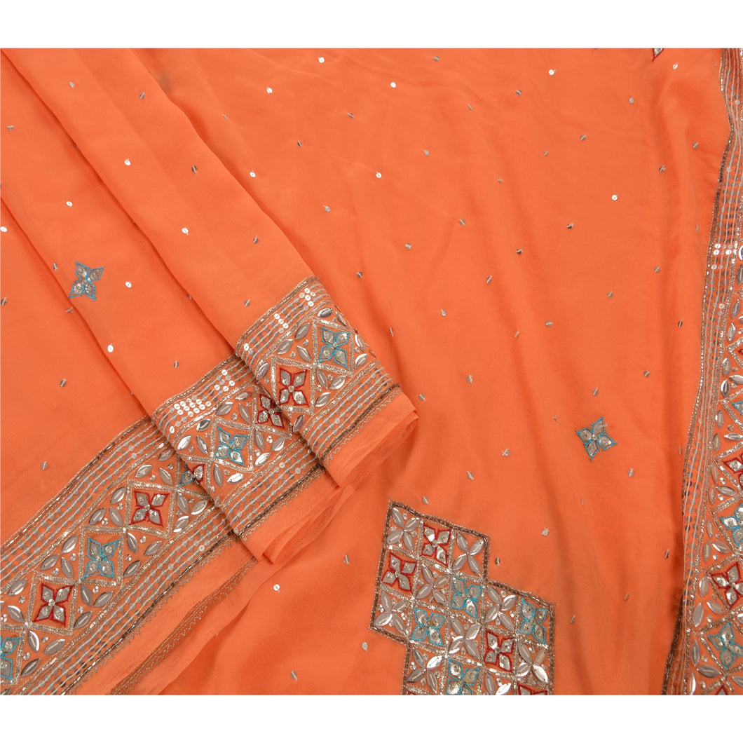 Vintage Saree Georgette Hand Beaded Fabric Premium Ethnic Sari with Blouse Piece