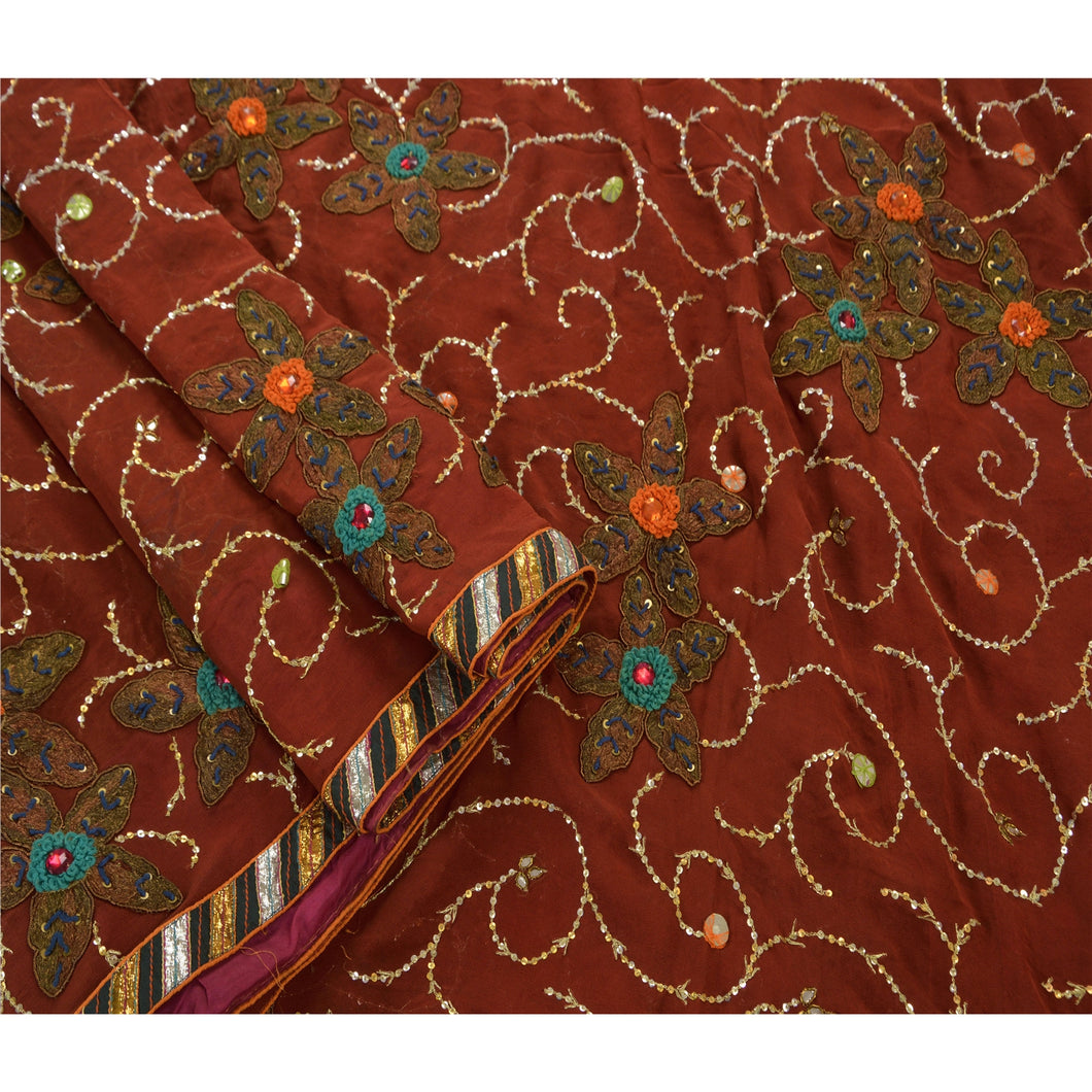 Antique Vintage Saree Pure Georgette Silk Hand Embroidery Fabric Premium Sari