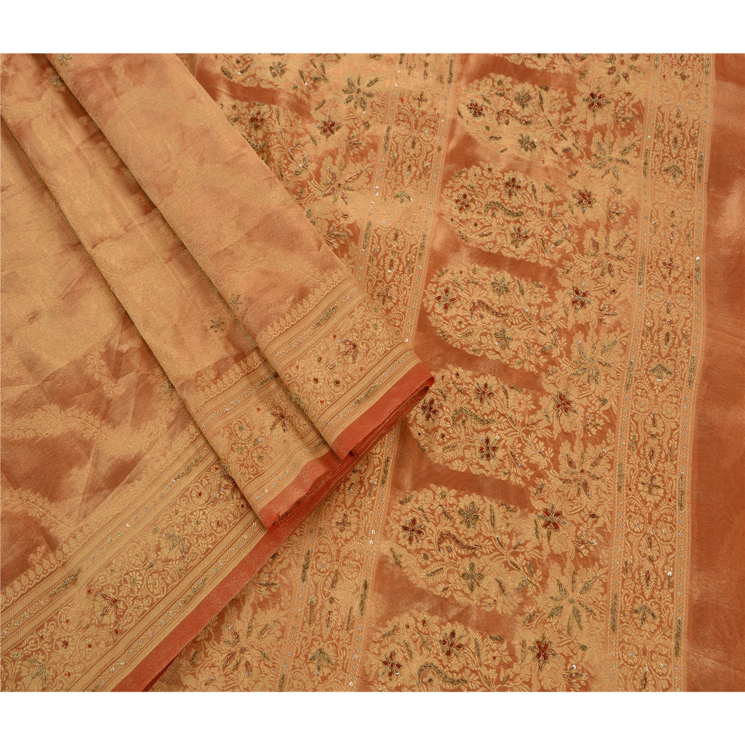 Vintage Indian Saree Art Silk Hand Beaded Woven Fabric Cultural Premium Sari