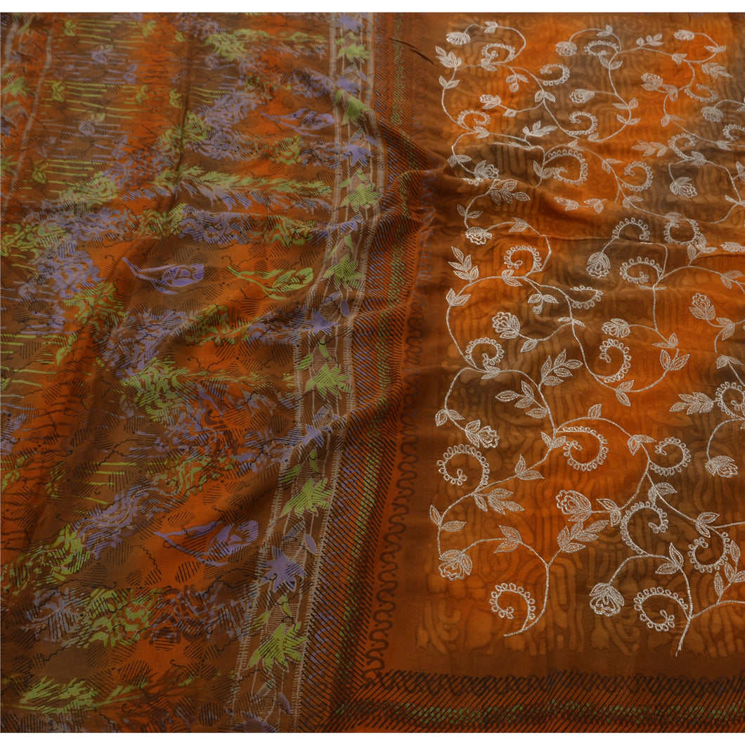 Antique Vintage Saree 100% Pure Crepe Silk Embroidered Craft Fabric Premium Sari