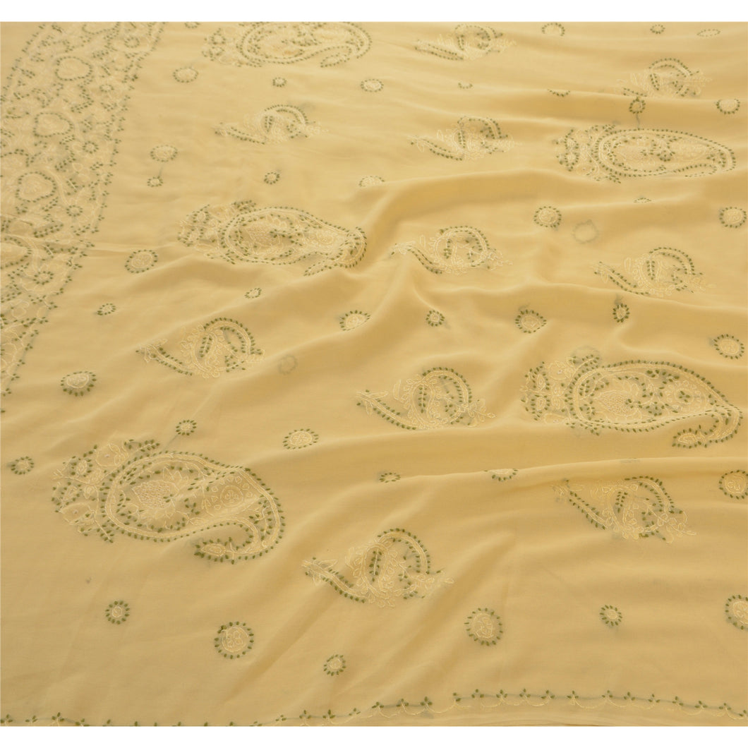 Vintage Saree Georgette Hand Embroidered Craft Fabric Premium Chikankari Sari