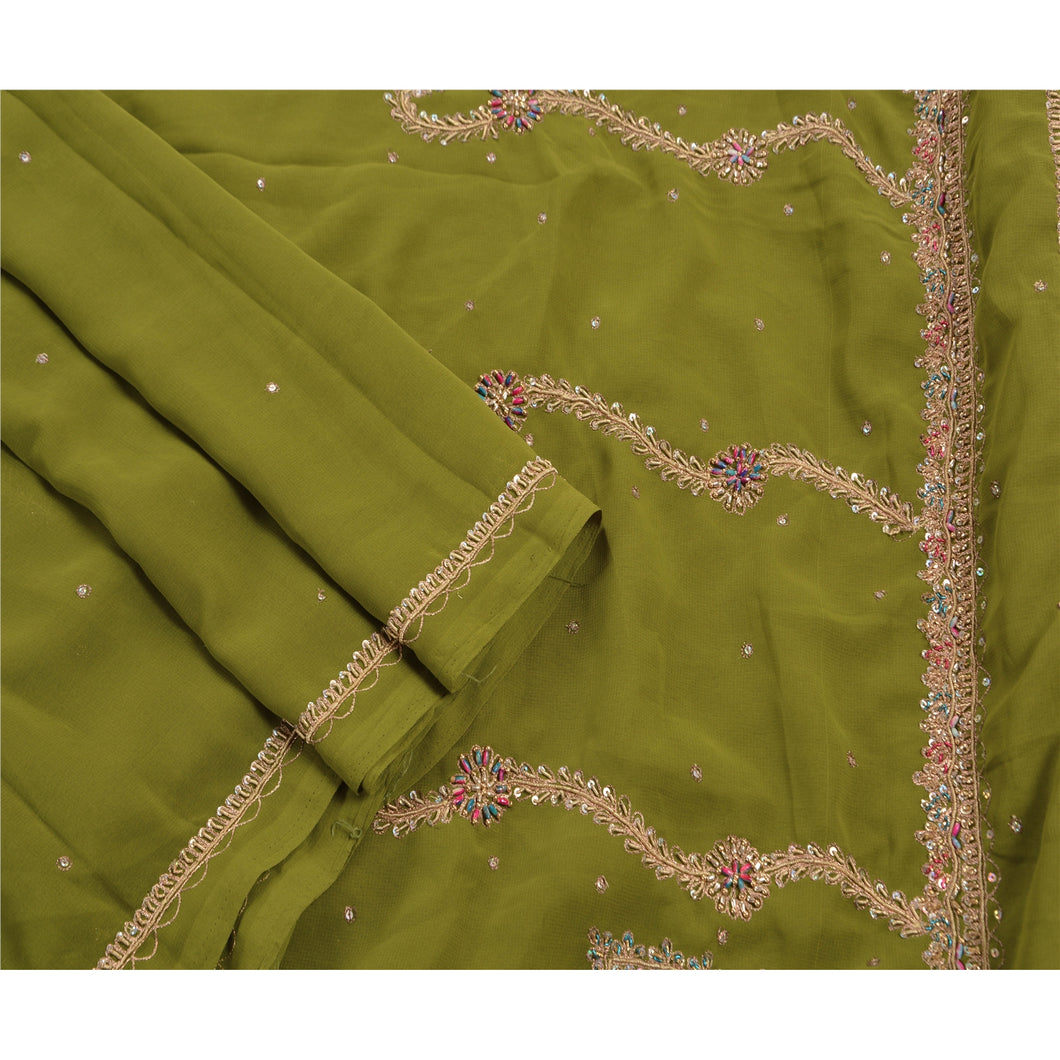 Sanskriti Vintage Indian Saree Georgette Hand Beaded Craft Fabric Premium Green Sari