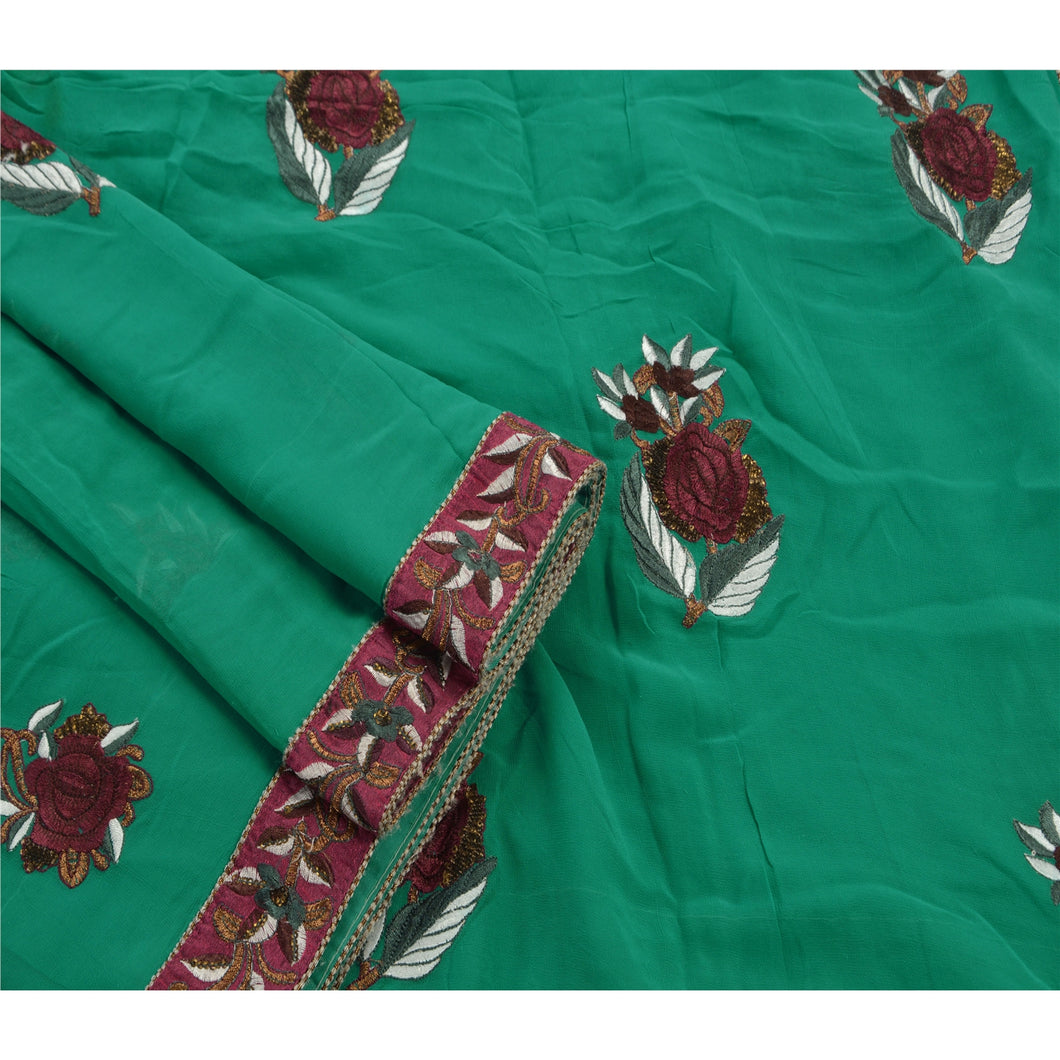 Sanskriti Vintage Saree Blend Georgette Hand Beaded Fabric Ethnic Green Premium Sari