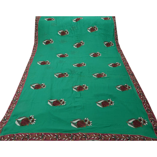 Sanskriti Vintage Saree Blend Georgette Hand Beaded Sustainable Fabric Ethnic Green Premium Sari