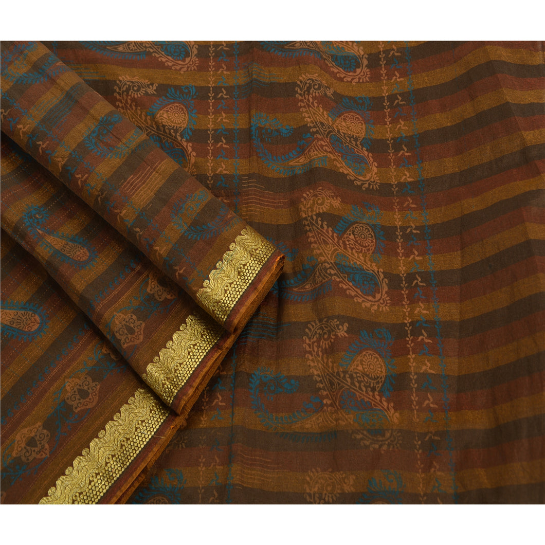 Sanskriti Vintage Indian Saree Art Silk Painted Brown Craft Fabric Paisley Sari