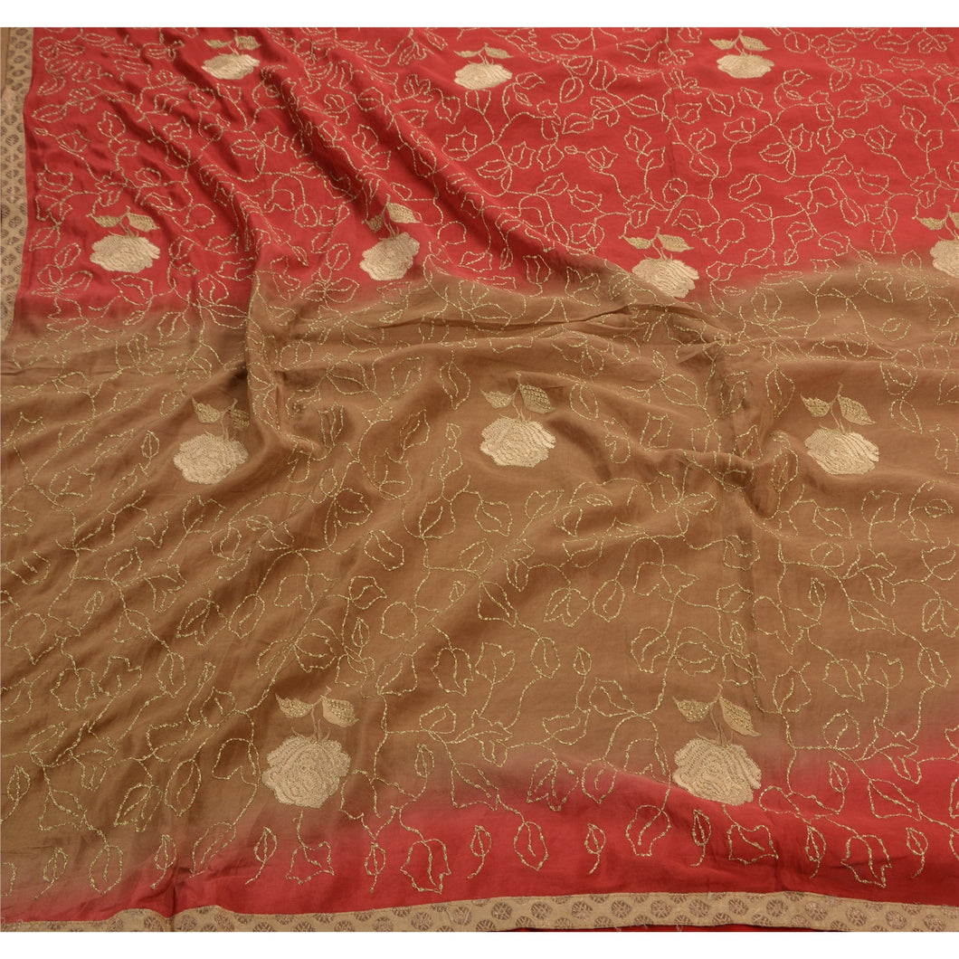 Vintage Indian Saree 100% Pure Crepe Silk Embroidered Fabric Ethnic Premium Sari