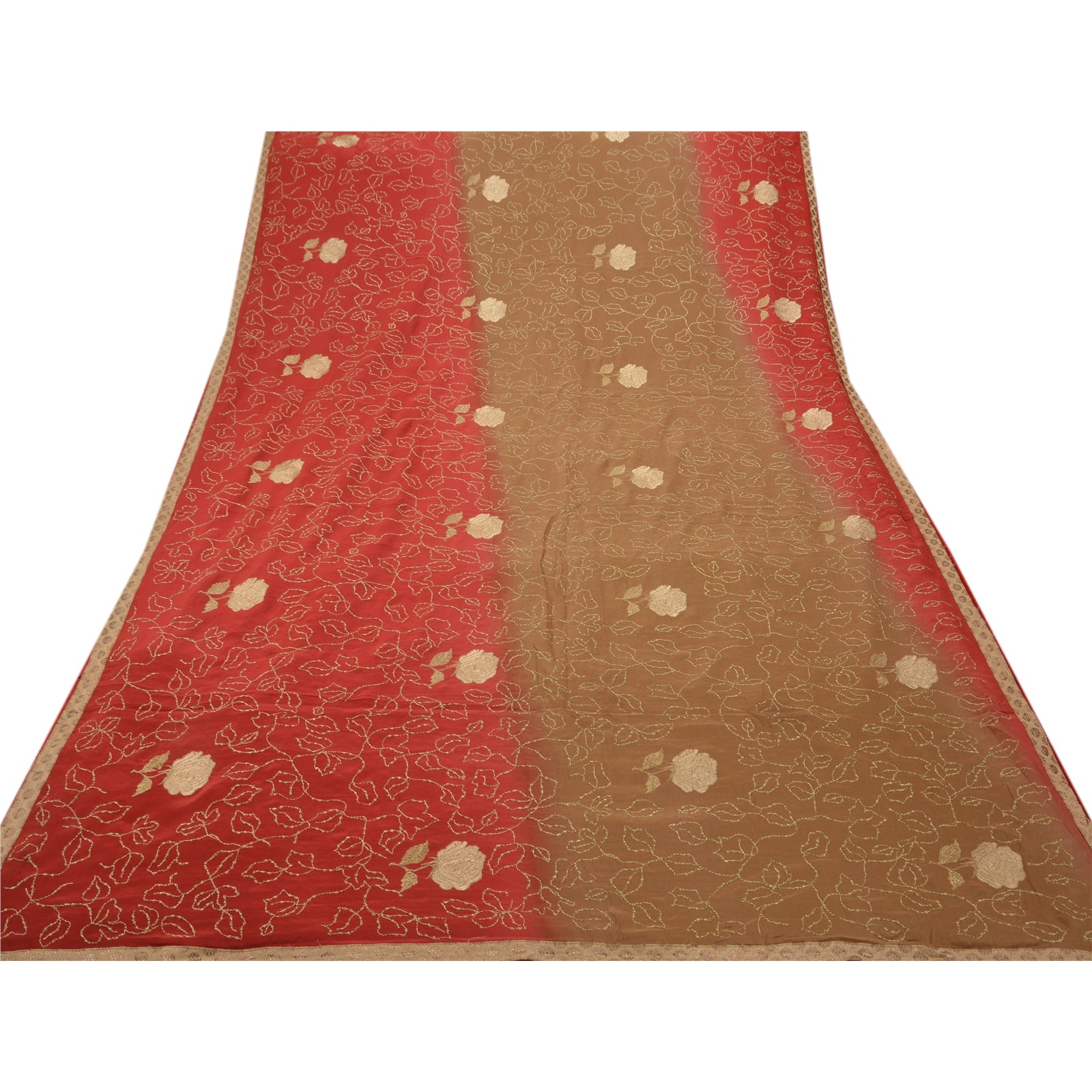 Sanskriti Vintage indisk sari 100% ren crepesilke broderet bæredygtigt stof etnisk premium sari