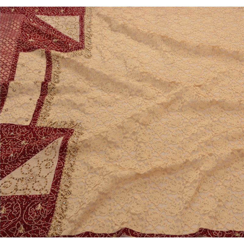 Sanskriti Vintage Sari Art Silk Hand Embroidery Woven Cream & Dark Red Pre-Stitched Lehenga Sarees Zardozi Sequins Craft Fabric