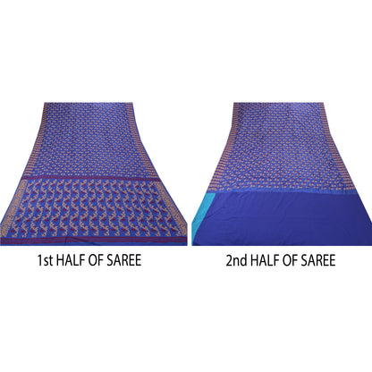 Sanskriti Vintage Indisk Sari Kunstsilke Vævet Blå Bæredygtigt Stof Premium Sari