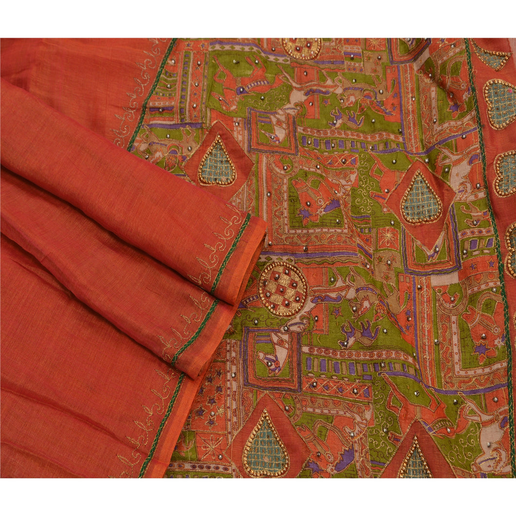 Sanskriti Antique Vintage Indian Saree Cotton Blend Hand Beaded Fabric Sari