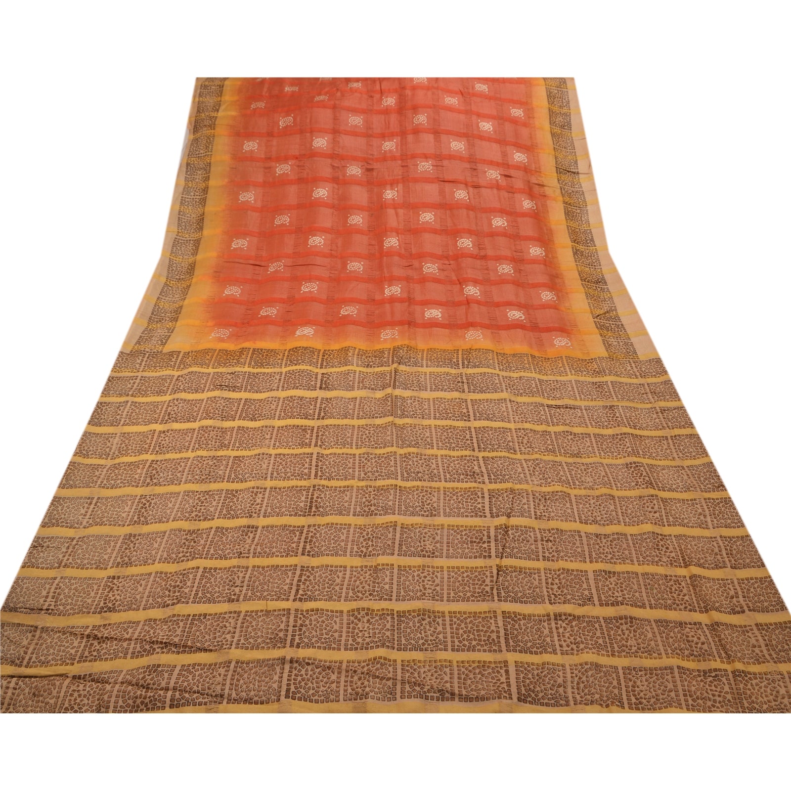 Sanskriti Vintage Sari 100% Pure Silk Indian Brown/Red Sarees Floral, Paisley Printed 6Yd Craft Pre-owned Indian Saree Fabric