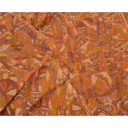 Sanskriti Vintage Indisk Sari Kunstsilke Håndperlet Brunt Håndværk Bæredygtigt Stof Zari Sari