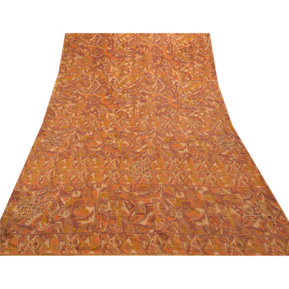 Sanskriti Vintage Indisk Sari Kunstsilke Håndperlet Brunt Håndværk Bæredygtigt Stof Zari Sari