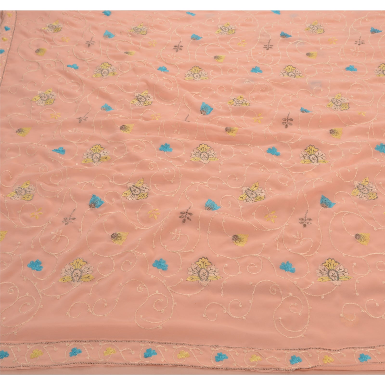 Sanskriti Vintage Indisk Sari Georgette Broderet Ferskenfarvet Bæredygtigt Stoff Premium Sari