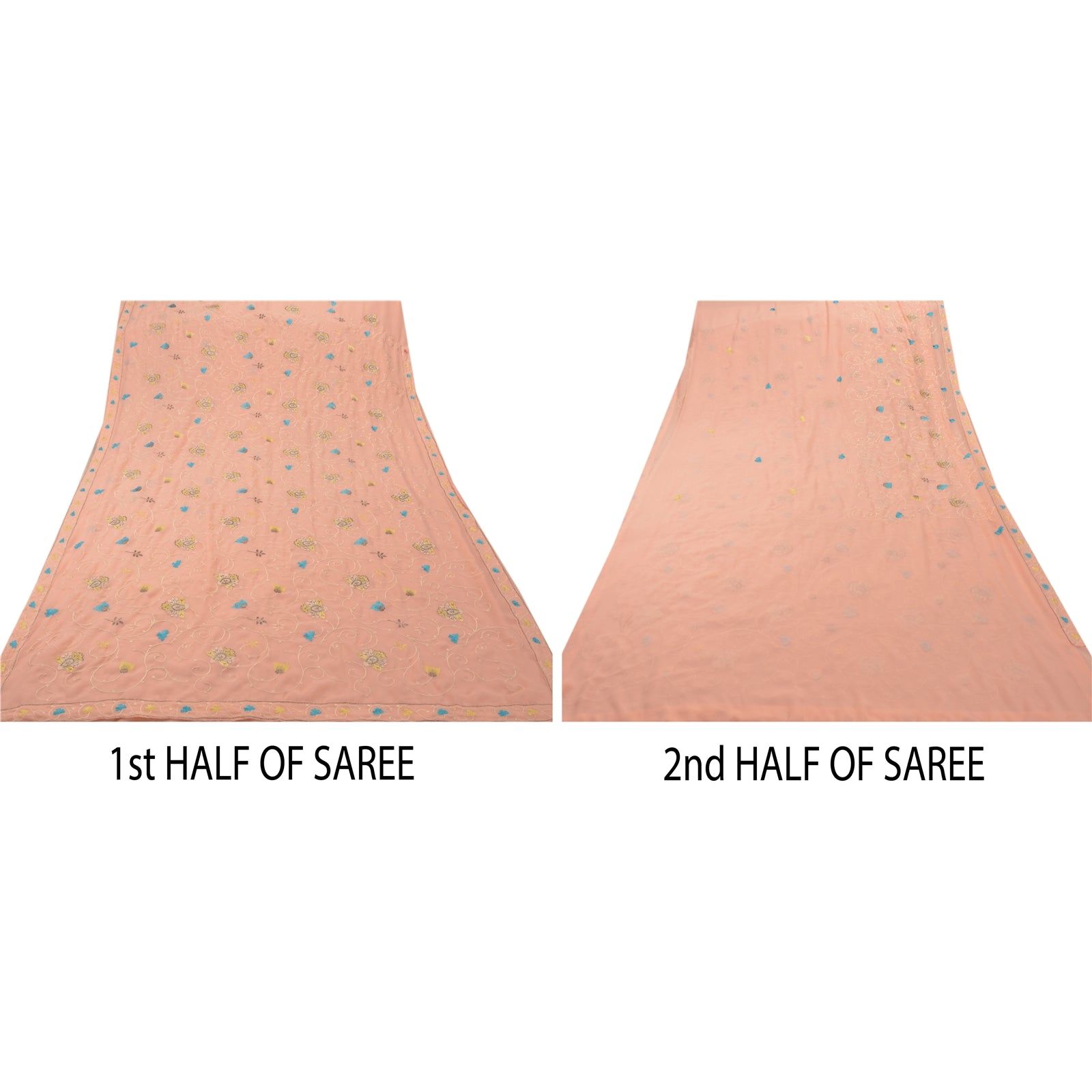 Sanskriti Vintage Indisk Sari Georgette Broderet Ferskenfarvet Bæredygtigt Stoff Premium Sari