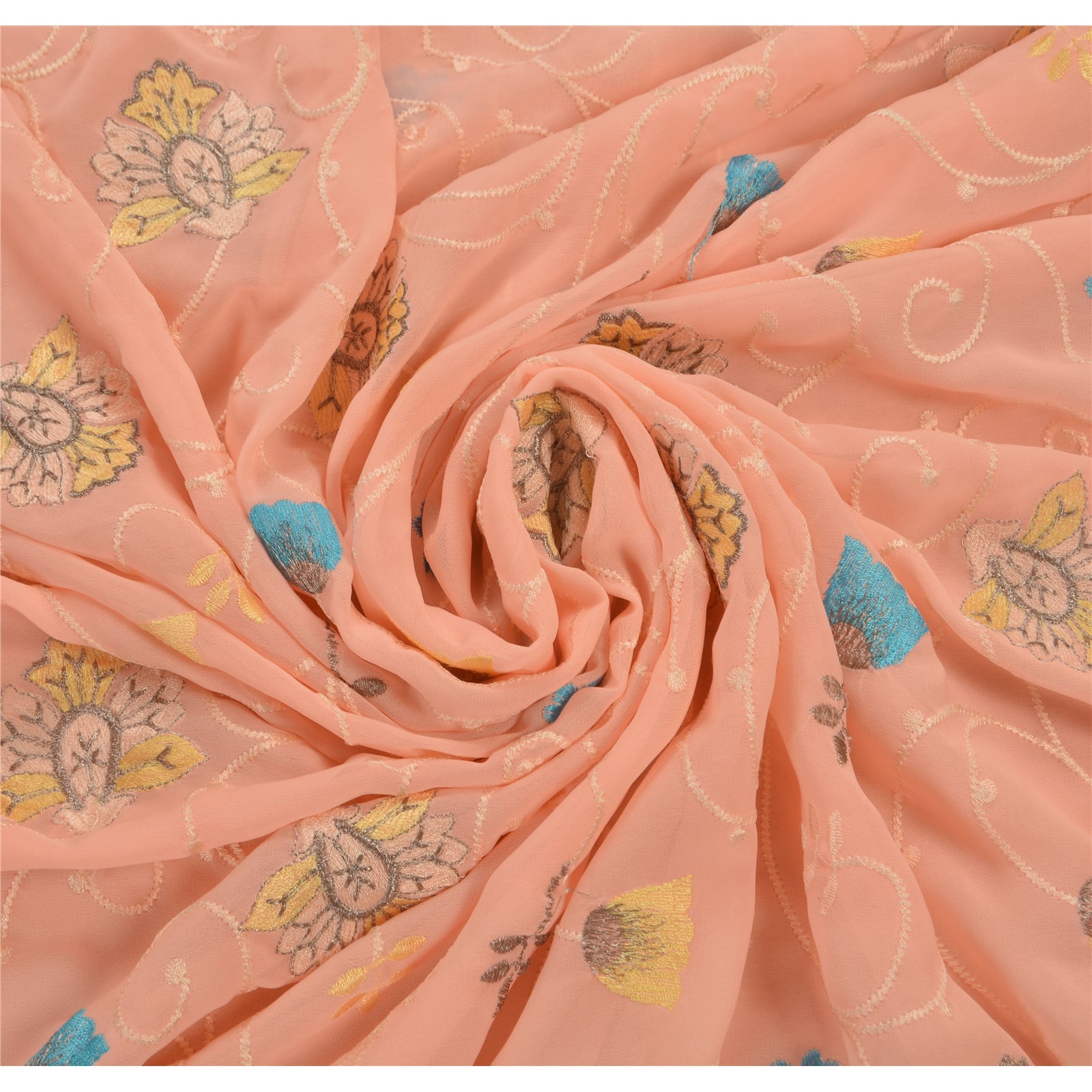 Sanskriti Vintage Indisk Sari Georgette Broderet Ferskenfarvet Bæredygtigt Stoff Premium Sari