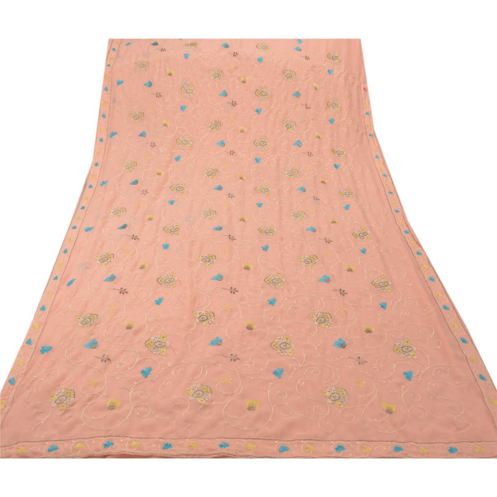 Sanskriti Vintage Indisk Sari Georgette Broderet Ferskenfarvet Bæredygtigt Stoff Premium Sari